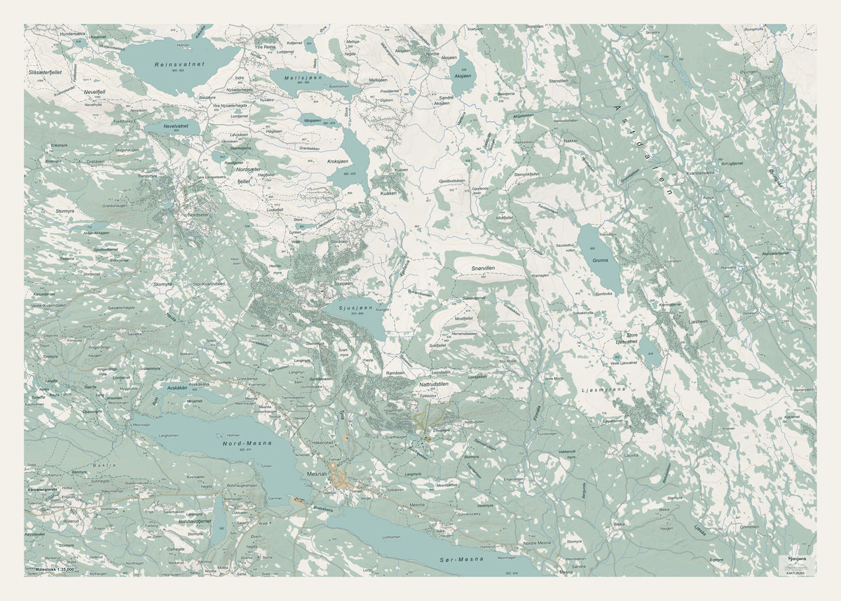 Sjusjøen veggkart – 70×50 cm topografisk kart, Innlandet