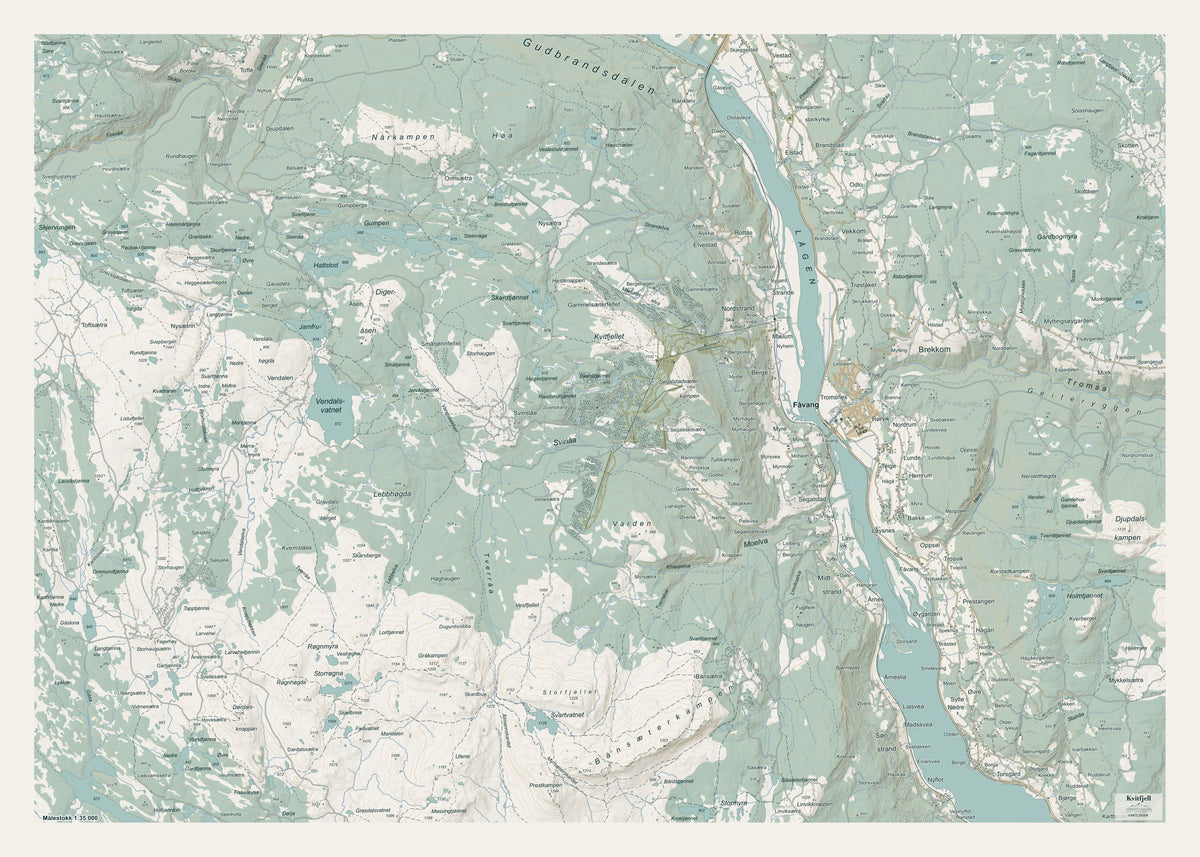 Kvitfjell veggkart – 70×50 cm topografisk kart, Gudbrandsdalen