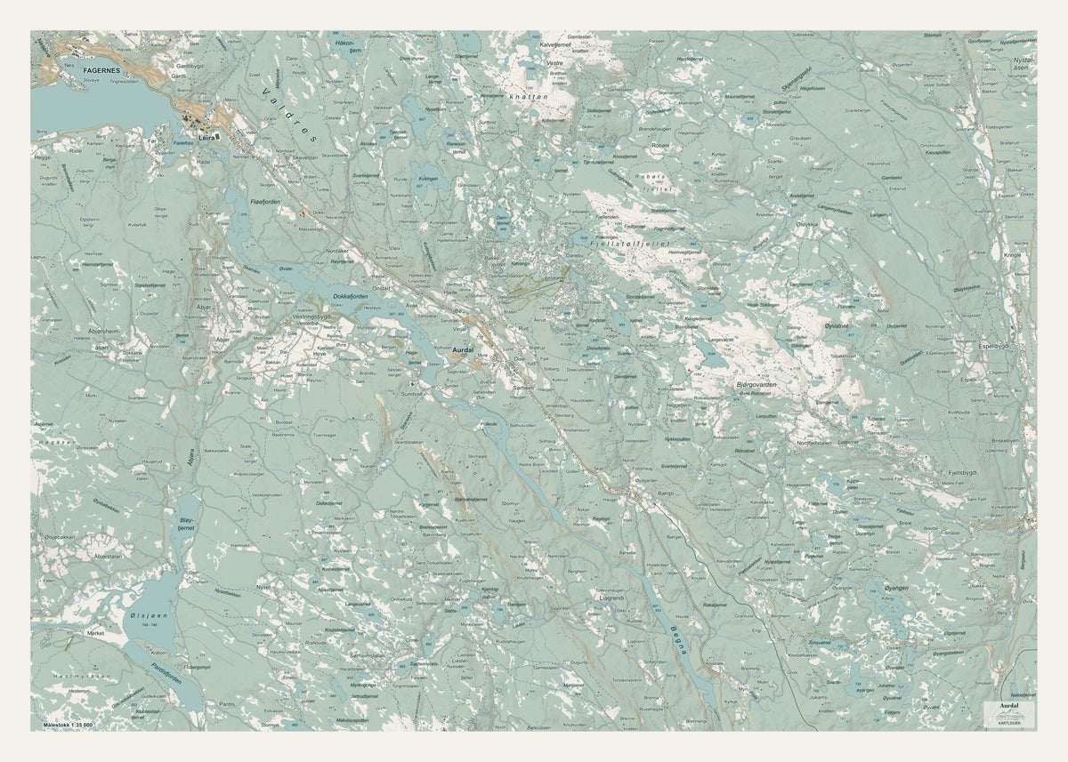 Aurdal veggkart – 70×50 cm topografisk kart, Valdres