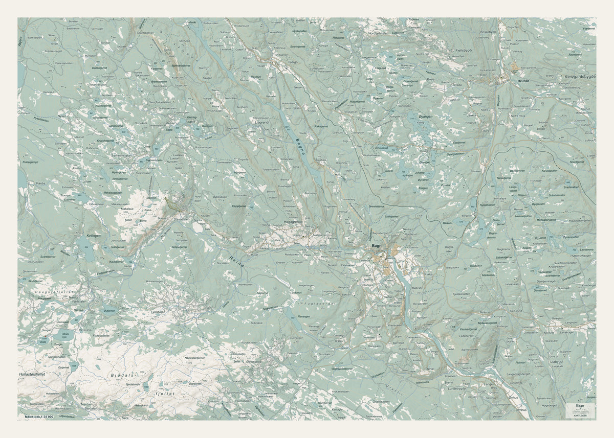 Bagn veggkart – 70×50 cm topografisk kart, Valdres